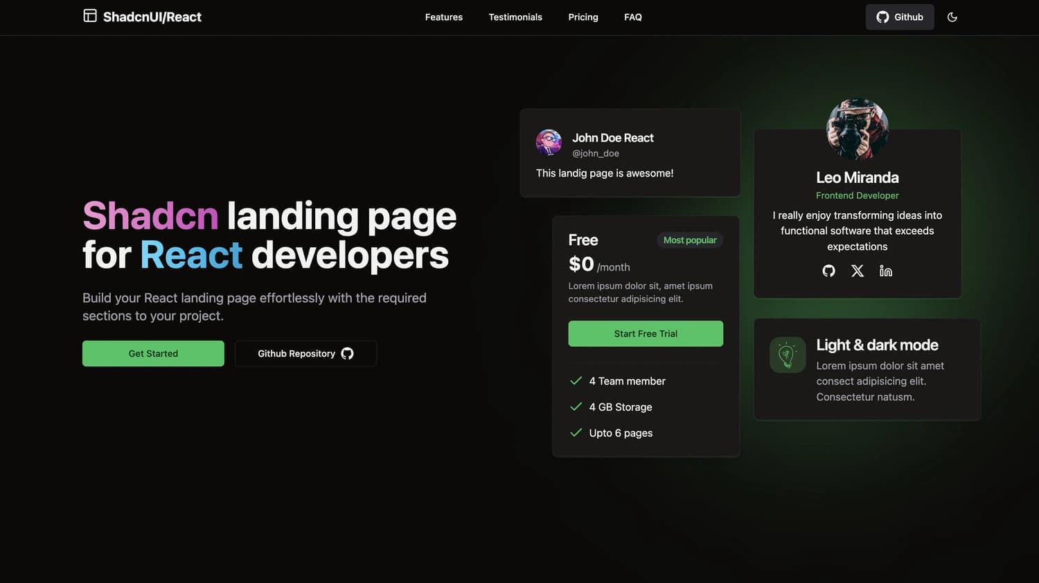 Shadcn Landing page